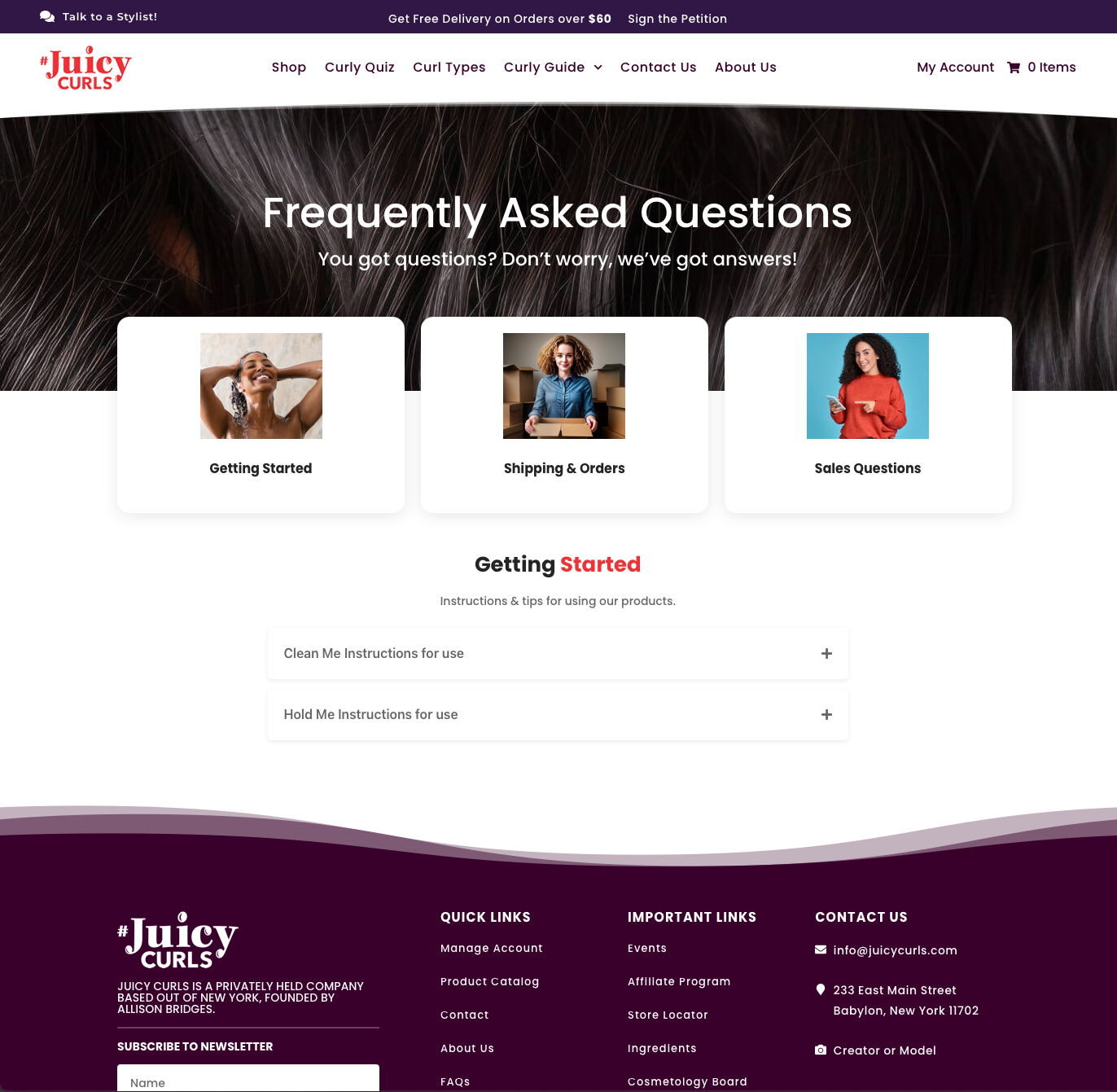 Juicy Curls FAQ page